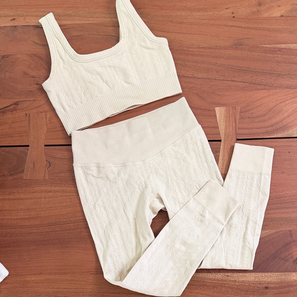 JoyLab Cream Cable-Knit Seamless Leggings and Crop Tank Set